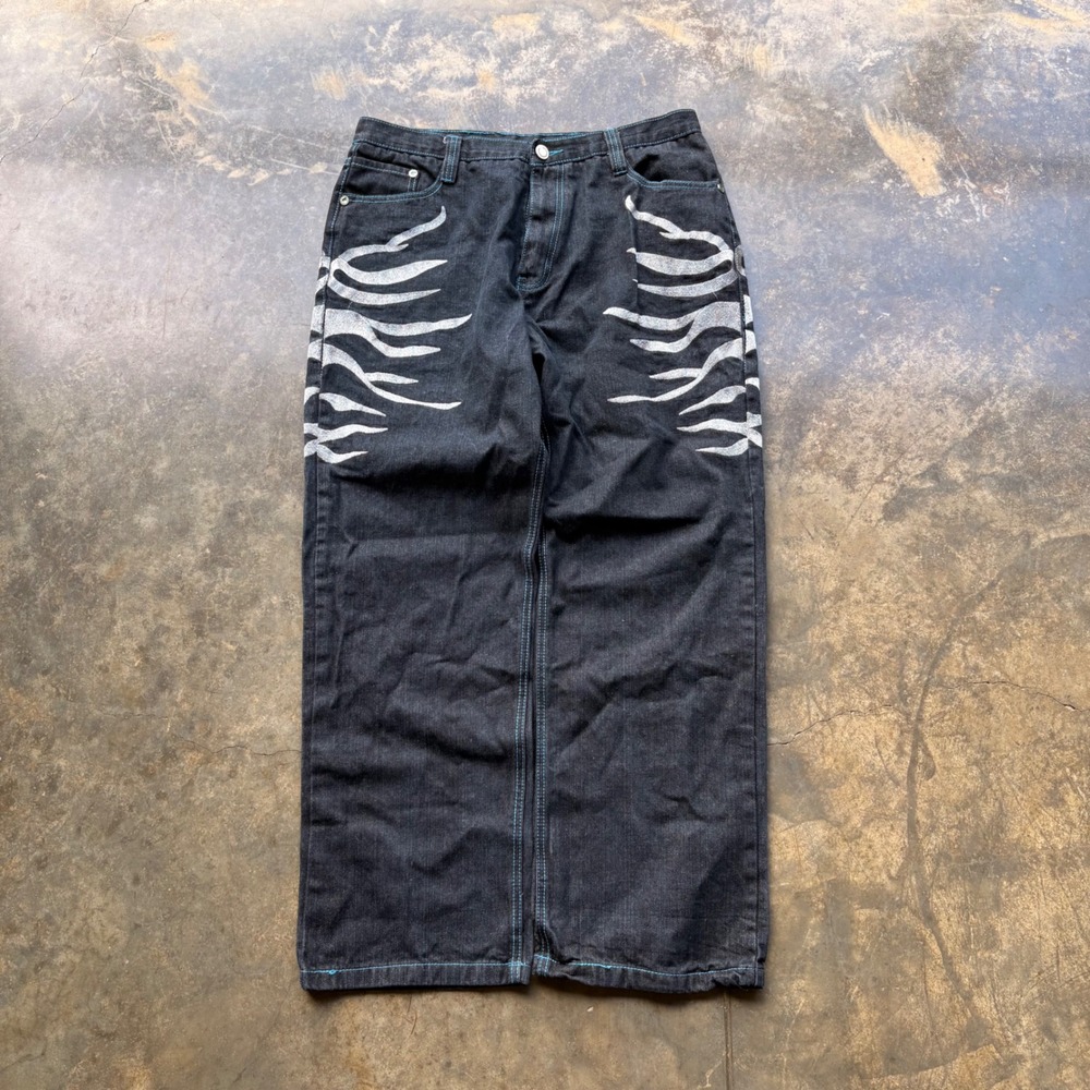 COOGI Mens Tiger Embroidered Baggy Jeans Dark Wash Denim Teal Stitching W38 - Picture 3 of 6